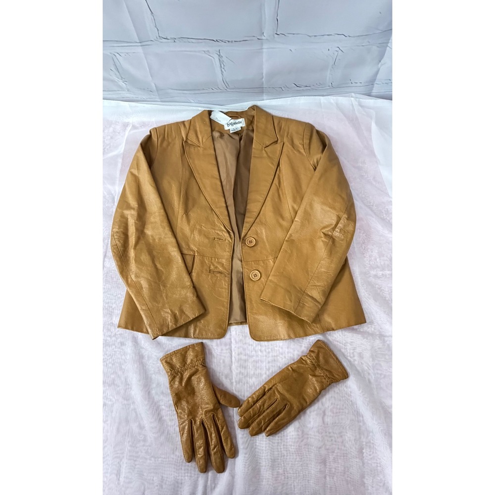 Bagatelle Tan Leather Blazer Jacket and Matching Gloves Set Womens 8P Vintage